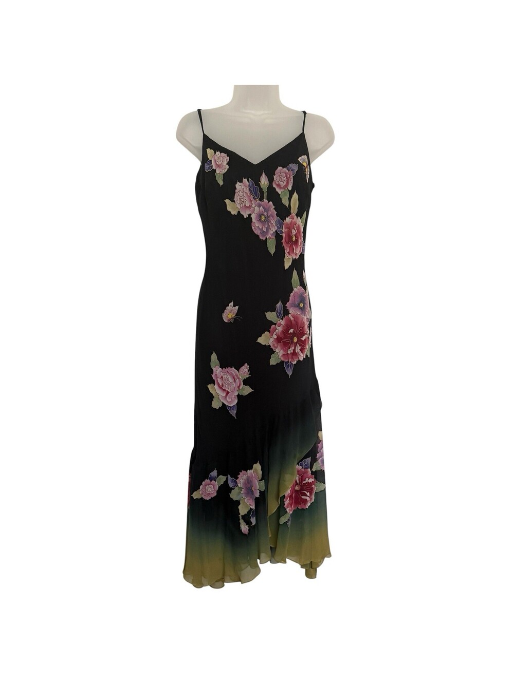 Sue Wong 100% Silk Rare Ombré Butterfly Floral Ruffle Bias Cut Dress Size 10
